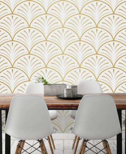 white and gold toned shells wallpaper