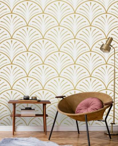 white and gold toned shells wallpaper