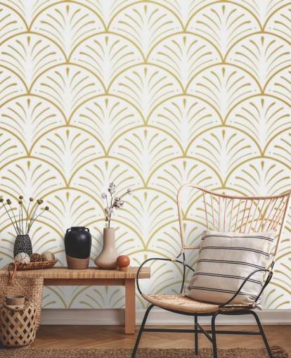 papel de parede de conchas em tons de branco e dourado