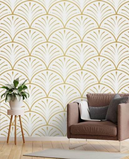white and gold toned shells wallpaper