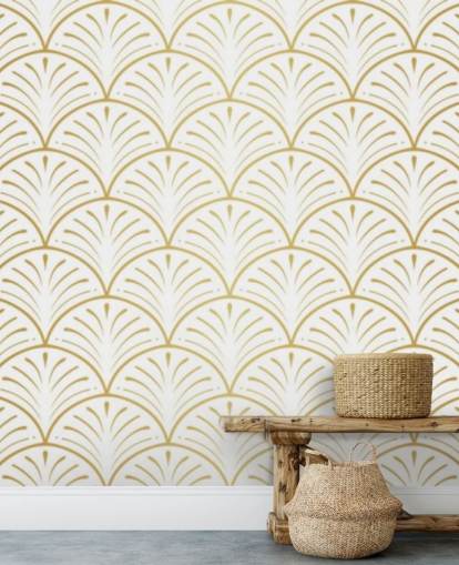 white and gold toned shells wallpaper