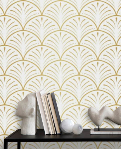 white and gold toned shells wallpaper