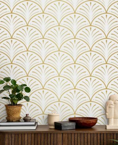 white and gold toned shells wallpaper