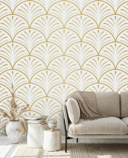 white and gold toned shells wallpaper