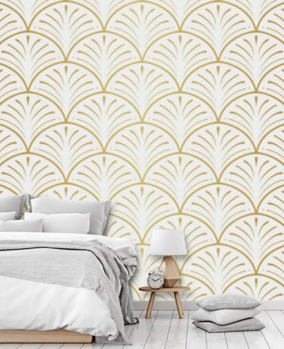 papel de parede de conchas em tons de branco e dourado