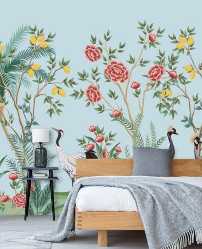 papel pintado oriental ilustrado de aves exóticas, limoneros y árboles en flor
