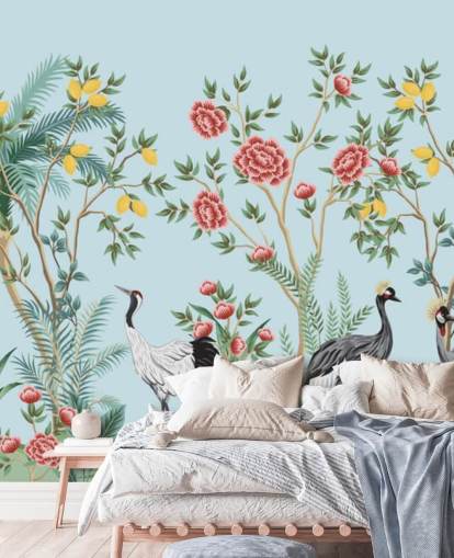 illustreret eksotiske fugle, citron og blomstre træer orientalsk tapet illustreret eksotiske fugle, citron og blomstre træer orientalsk tapet