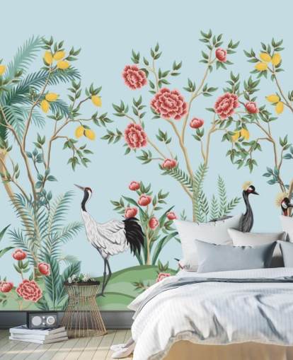 illustrierte exotische Vögel, Zitronen und Blütenbäume orientalische Tapete illustrierte exotische Vögel, Zitronen und Blütenbäume orientalische Tapete