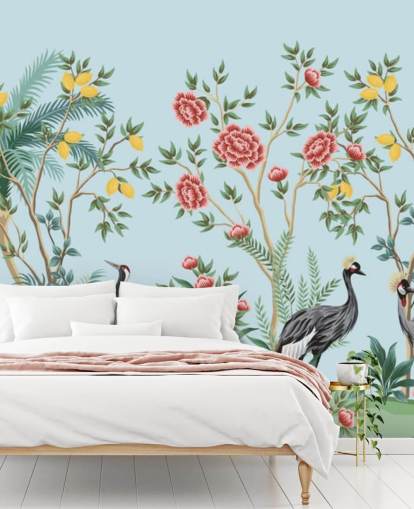 pássaros exóticos ilustrados, limoeiros e flores papel de parede oriental pássaros exóticos ilustrados, limoeiros e flores papel de parede oriental