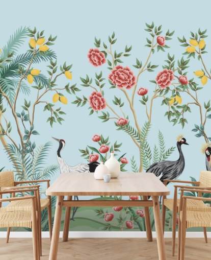 pássaros exóticos ilustrados, limoeiros e flores papel de parede oriental
