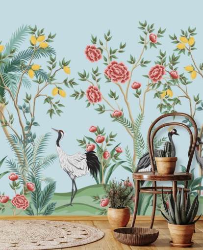 papel pintado oriental ilustrado de aves exóticas, limoneros y árboles en flor