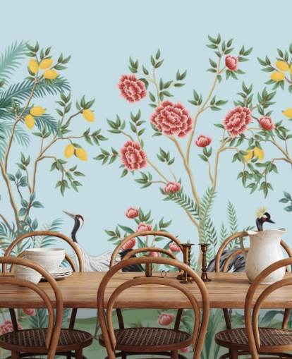 papel pintado oriental ilustrado de aves exóticas, limoneros y árboles en flor papel pintado oriental ilustrado de aves exóticas, limoneros y árboles en flor