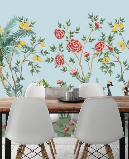 illustrated exotic birds, lemon and blossom trees oriental wallpaper