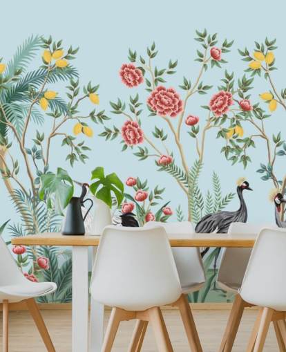 illustrerade exotiska fåglar, citron och blommor träd orientalisk tapeter