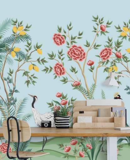 papel pintado oriental ilustrado de aves exóticas, limoneros y árboles en flor