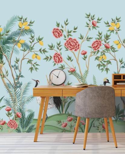 illustrated exotic birds, lemon and blossom trees oriental wallpaper
