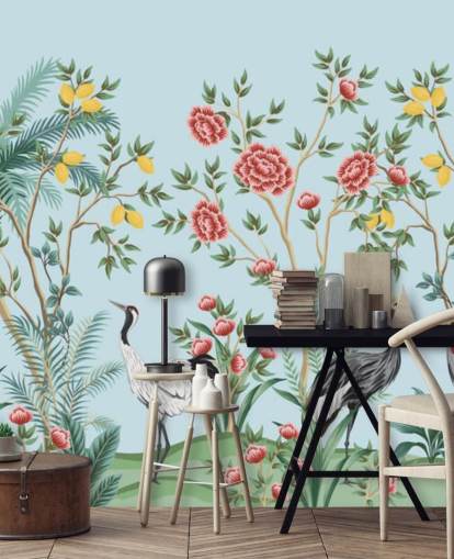 illustrated exotic birds, lemon and blossom trees oriental wallpaper