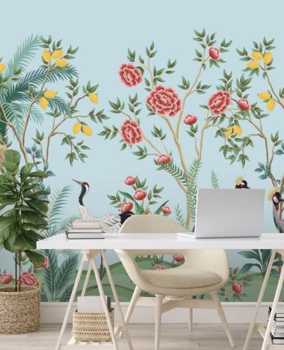 illustrerade exotiska fåglar, citron och blommor träd orientalisk tapeter