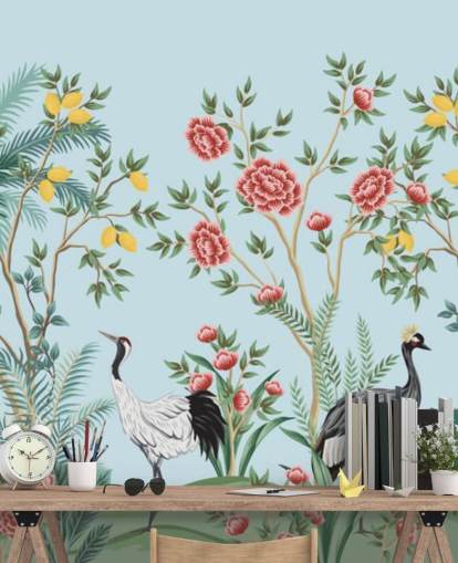 illustrert eksotiske fugler, sitron og blomstre trær orientalsk tapet illustrert eksotiske fugler, sitron og blomstre trær orientalsk tapet