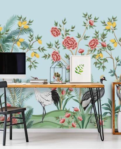 illustrerade exotiska fåglar, citron och blommor träd orientalisk tapeter