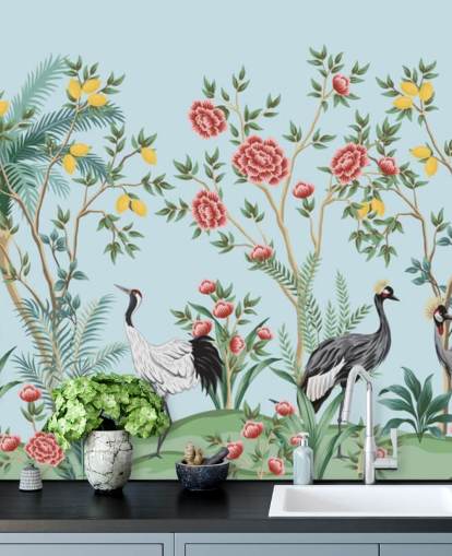 illustrated exotic birds, lemon and blossom trees oriental wallpaper