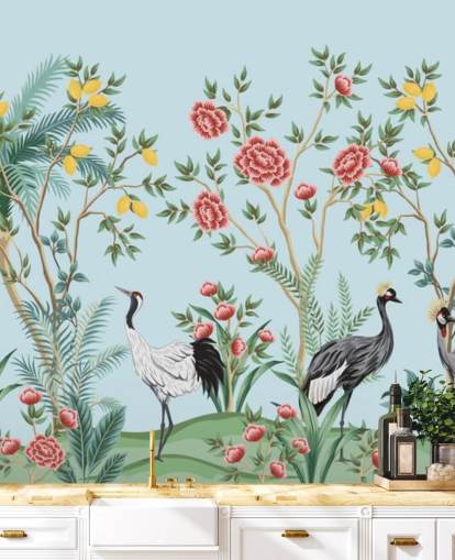 illustrated exotic birds, lemon and blossom trees oriental wallpaper illustrated exotic birds, lemon and blossom trees oriental wallpaper