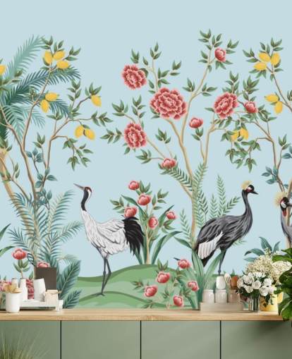illustrated exotic birds, lemon and blossom trees oriental wallpaper