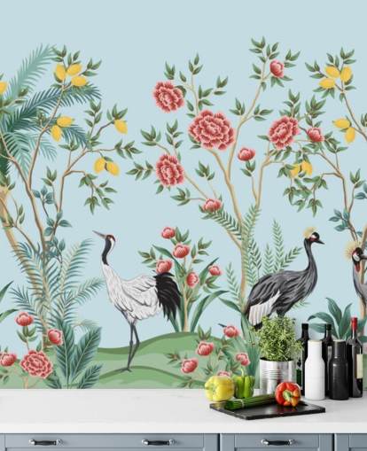 papel pintado oriental ilustrado de aves exóticas, limoneros y árboles en flor
