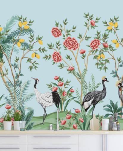 papel pintado oriental ilustrado de aves exóticas, limoneros y árboles en flor