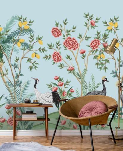 carta da parati orientale con uccelli esotici, limoni e alberi in fiore
