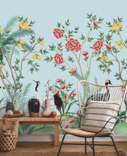illustrated exotic birds, lemon and blossom trees oriental wallpaper illustrated exotic birds, lemon and blossom trees oriental wallpaper