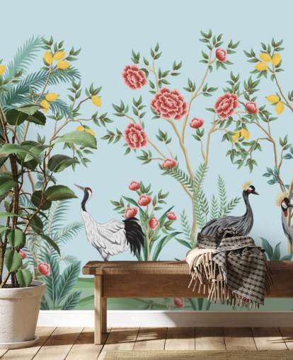 illustrerade exotiska fåglar, citron och blommor träd orientalisk tapeter illustrerade exotiska fåglar, citron och blommor träd orientalisk tapeter