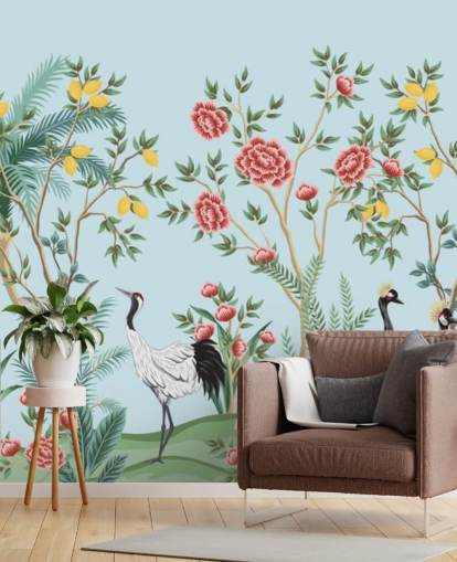 geïllustreerde exotische vogels, citroen- en bloesembomen oosters behang geïllustreerde exotische vogels, citroen- en bloesembomen oosters behang