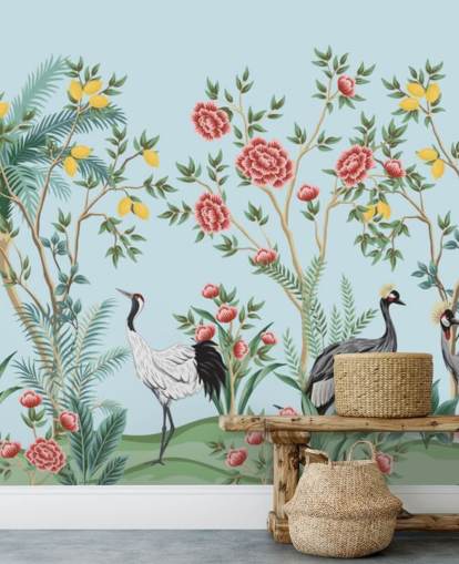 carta da parati orientale con uccelli esotici, limoni e alberi in fiore