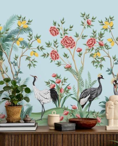 papier peint oriental illustré d'oiseaux exotiques, de citronniers et de fleurs papier peint oriental illustré d'oiseaux exotiques, de citronniers et de fleurs