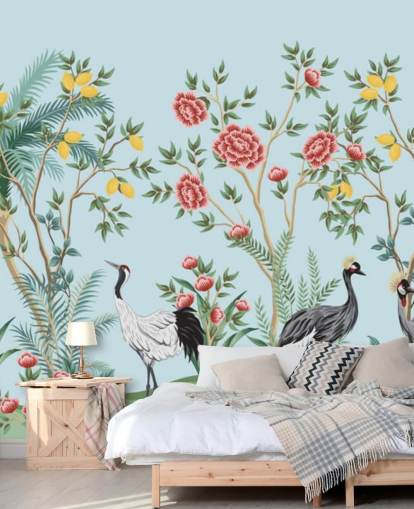 geïllustreerde exotische vogels, citroen- en bloesembomen oosters behang