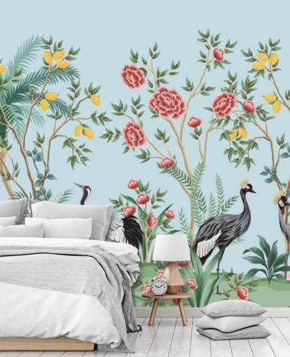 illustrated exotic birds, lemon and blossom trees oriental wallpaper
