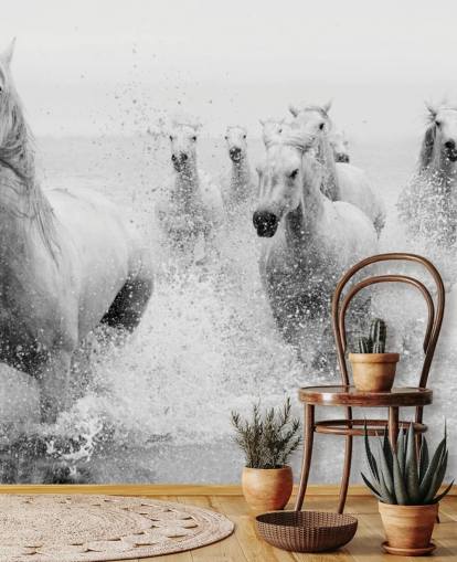 mural de pared de caballos galopando en el agua