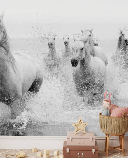 horses galloping in water wall mural