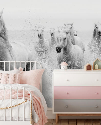 horses galloping in water wall mural