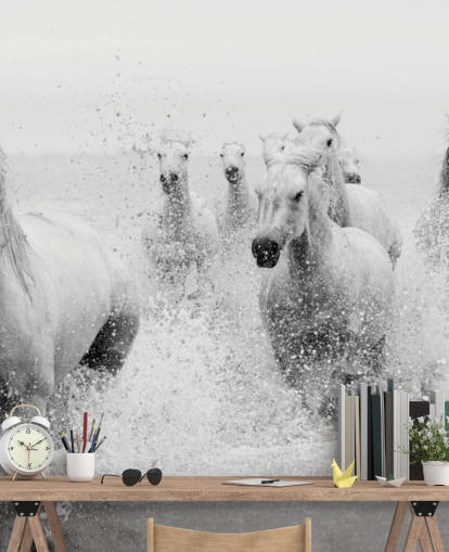 horses galloping in water wall mural