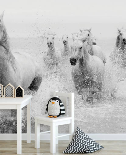 horses galloping in water wall mural