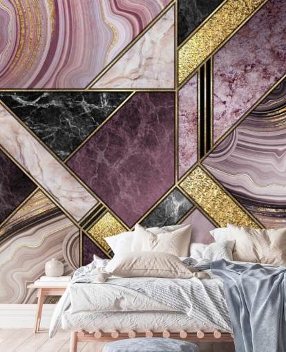 lilla og sort marmor og guld geometrisk tapet
