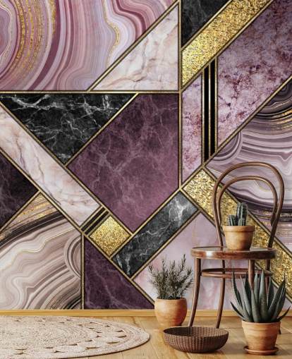 purple and black marble and gold geometric wallpaper