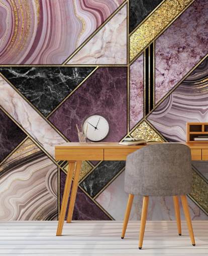 lilla og sort marmor og guld geometrisk tapet