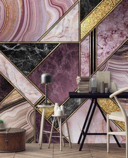 lila und schwarzer Marmor und Gold geometrische Tapete