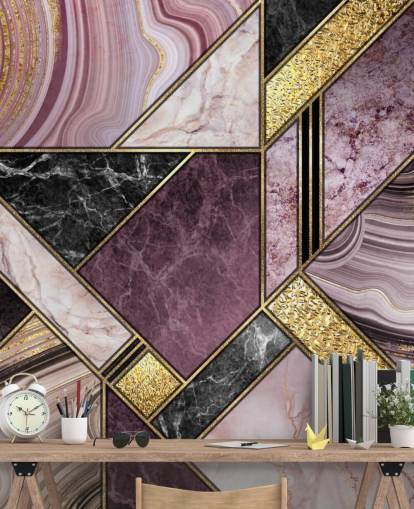 papel de parede geométrico de mármore roxo e preto e dourado