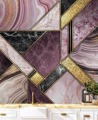 carta da parati geometrica viola e nera in marmo e oro