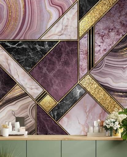 carta da parati geometrica viola e nera in marmo e oro