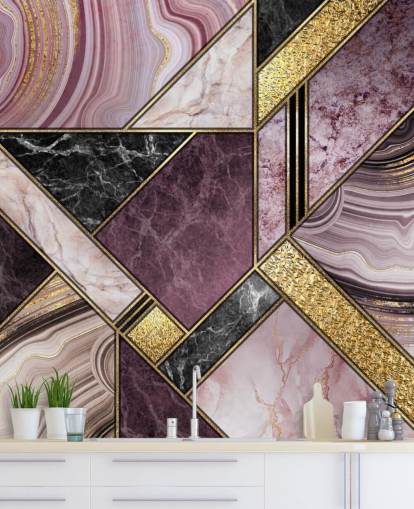 lila och svart marmor och guld geometrisk tapet